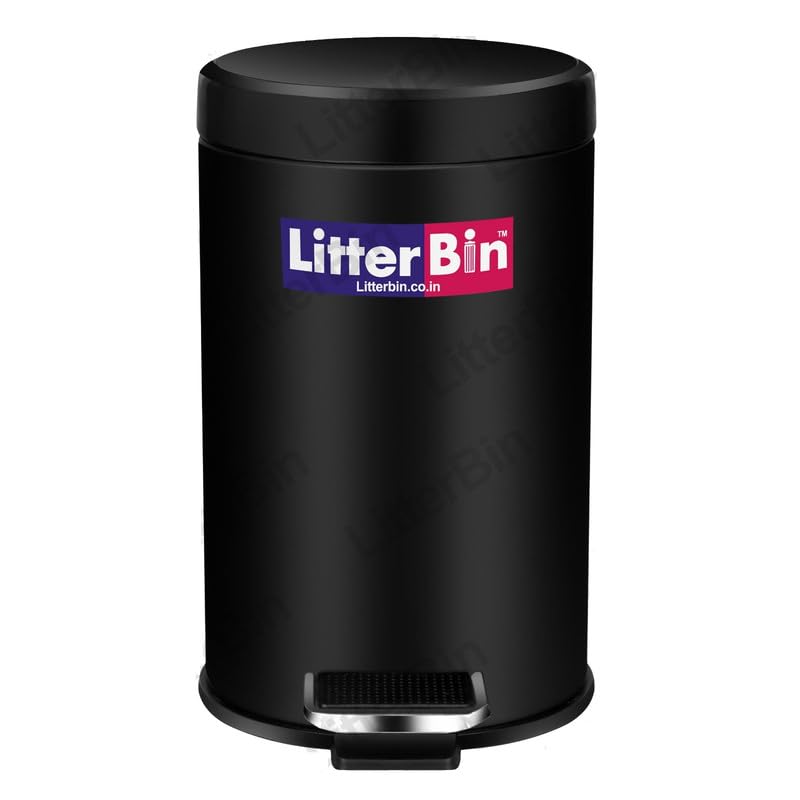 Image of LITTERBIN Stainless Steel Pedal Dustbin with Lid | Small Compact Space Saver SS Trash Can for Office, Home, Kitchen, Room, washroom, bathroom (Black 5 Liter)