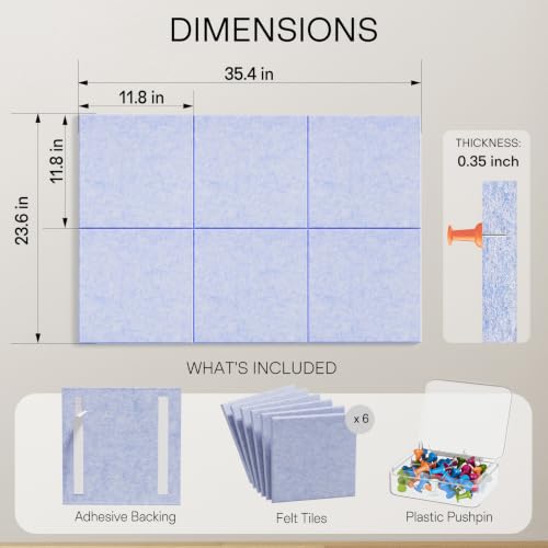Image of MaxGear Felt Bulletin Board 36 inch x 24 inch, Light Blue Felt Wall Tiles Push Pins