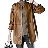 Veste Simili Cuir Femme mi Longue Blouson Imitation Simili Cuir Pu Moto Femmes Veste Motard Blousons Cuirs Motarde Biker Oversize Faux Leather Jacket pour Femme Printemps Grande Taille Chic Marron 5XL