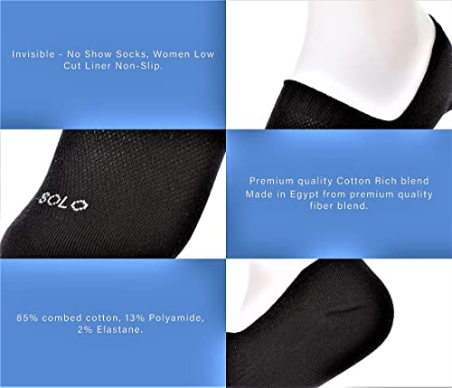 Image of SOLO Cotton Rich, No show socks, Low Cut Liner Non Slip. Made in Egypt (OEKO-TEX Certified)., Medium-Large