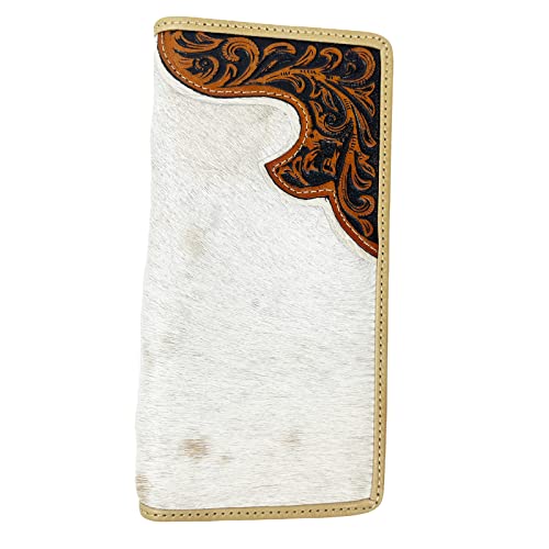 Urbalabs Western Cowboy Leather Long Wallets for Men Cowhair Checkbook Tooled Wallet Tri Cross Bifold Long Cowboys Billfold Hand Stitched Rodeo RFID Blocking Mens Long Wallet Rodeo Style Cowboy Up (Brown)4