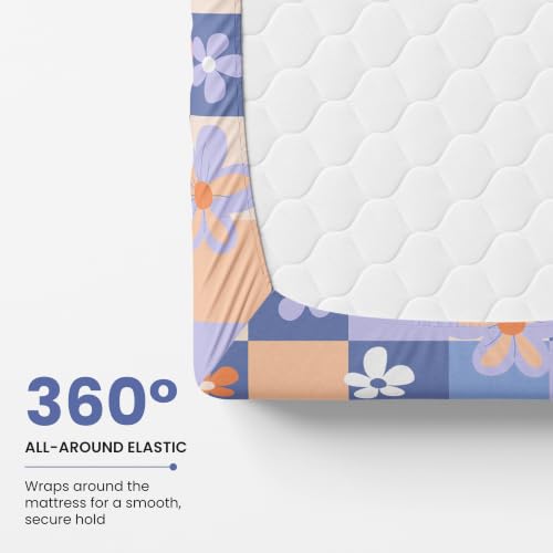 Image of LORETO - A QUALITY LINEN BRAND 144 TC 100% Pure Cotton Single Fitted Bedsheet with 1 Pillow Cover for 72 x 36 Inch Mattress, All-Around Elastic, 8 Inch Deep Pocket, Pastel Floral Checkered