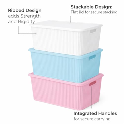 Image of Plastic Storage Box with Lid - Large Stackable Organizer Storage Box for Clothes, Toys, Kitchen - Big Size Plastic Storage Container Basket for Home, Office, Bathroom(Large,3pcs,MultiColor)