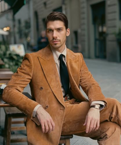 2 Piece Suede Suits for Men Slim Fit Business Suit Set Men's Double Breasted Retro Blazers Pants for Wedding Prom Party4