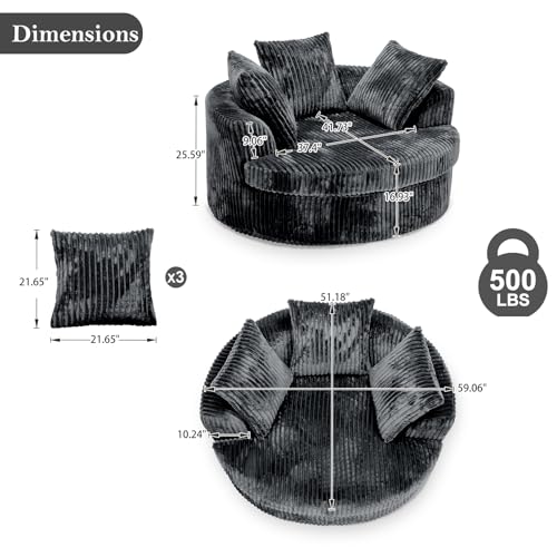 Image of 59 Inch Oversized Chaise Lounge Chair Indoor, Round Corduroy Chaise Lounge Sofa Bed with Throw Pillows and Backrest, Plush Sleeper Chair Bed for Living Room Bedroom,No Assembly Required