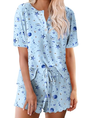 Image of Ekouaer Pajamas Set for Women Short Sleeve Lounge Set 2 Piece Loungewear PJs Soft Cute Lightweight Sleepwear
