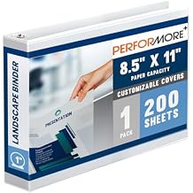 Performore - 8.5" X 11" Landscape View Binder, 3-Ring-Binder 1" Capacity Round Ring, White Horizontal Formatted with Clear Cover Pockets, Perfect for Documents, Projects and More