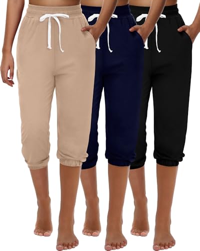 Ficerd 3 Pcs Women's Capri Sweatpants Joggers Summer Casual Sports Cropped Lounge Pants High Waisted Athletic with Pockets
