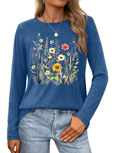 tiorhooe Long Sleeve Women's Floral Print Shirts Women Vintage Crew Neck Graphic Blouse Tops, Blue 1, M