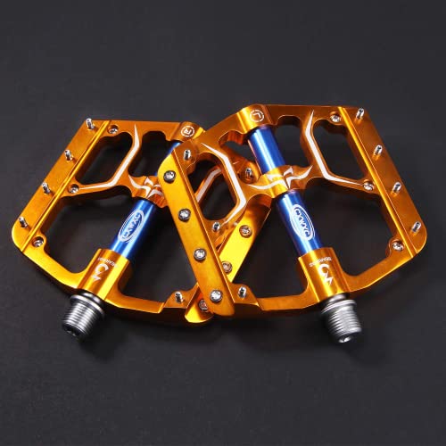 Road/Mountain Bike Pedals - 3 Bearings 9/16” Aluminum Alloy Bicycle Pedals - Mountain Bike Pedal With Removable Anti-Skid Nails (Gold) #TOP6