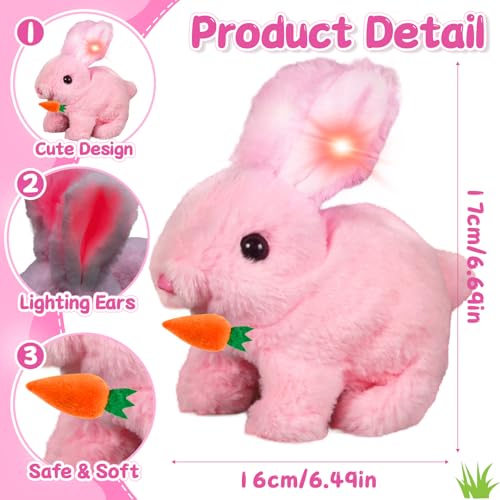 Ruichi Hüpfendes Kaninchen, Elektrischer Osterhase Plüschtier, Interaktives Lumineszenz Kaninchen mit Geräuschen & Beweglichen Ohren, Hasen Spielzeug Ostern Geschenke für Kinder (Rosa)