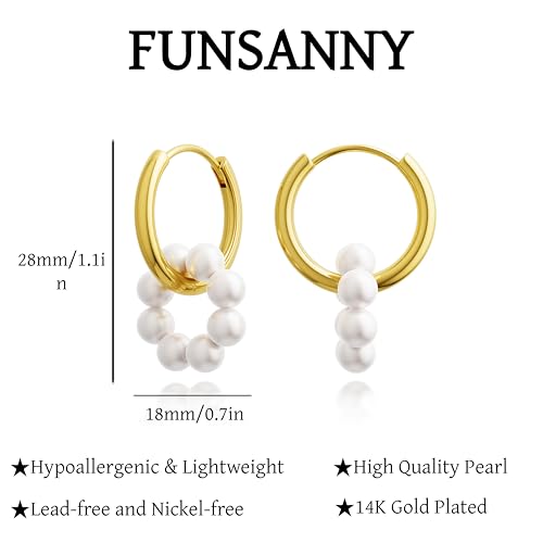 Pearl Earrings for Women - Dainty Gold Earrings Trendy 14K Gold Plated Freshwater Pearl Dangle Hoop Stud Earrings for Women Wedding Jewelry Gift for Women