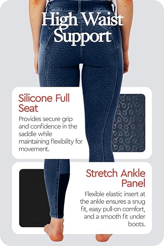HORZE Kaia Womens Denim Horse Riding Pants | High Waist Silicone Full Seat Breeches | Accurate Size Chart - Dark Blue - 30