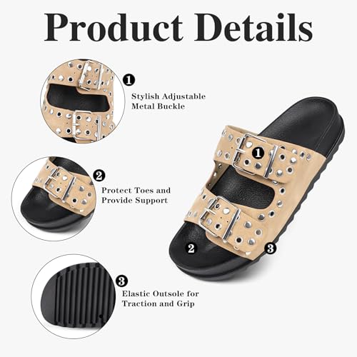 Image of Platform Sandals Women,Womens Sandals-Studded Silde Sandals-Double Buckle Adjustable-Beach Sandals for Women-Flat Sandals Summer Vacation