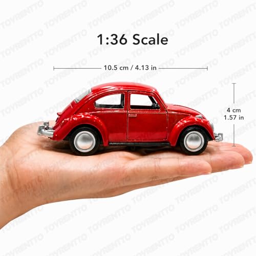 Image of 1:36 Scale Classic VW Beetle Die Cast Pull Back Toy Car with Openable Doors, Metal Body Collectible Model for Kids & Adults, Red