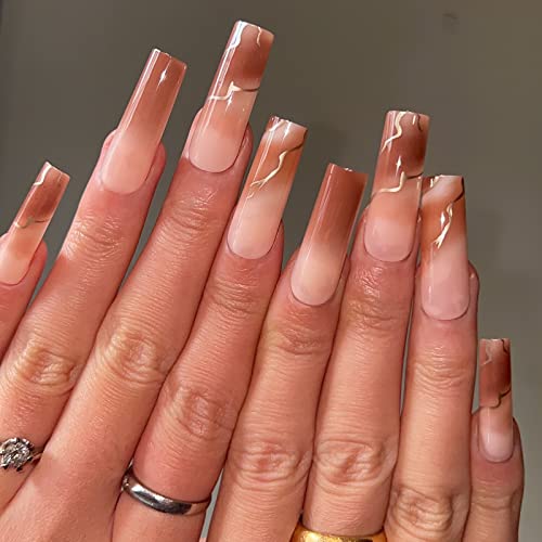 Babalal Square Press On Nails Long False Nails Brown Acrylic Nails Ombre Fake Nails Glossy Nails Squoval Nails For Women And Girls #TOP5