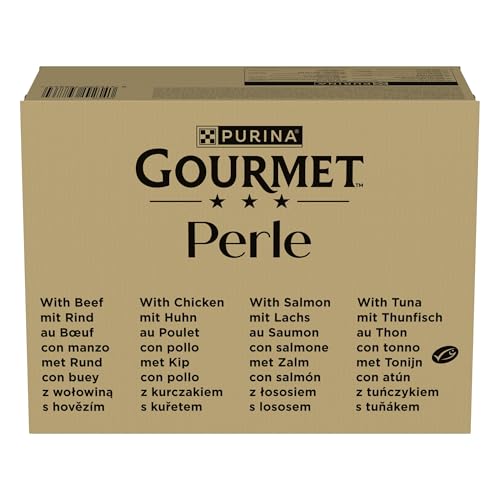 GOURMET | Perle | Les Filettines en Sauce | Aliment Complet pour Chat Adulte | Sachets Fraîcheur | Au Boeuf, Au Poulet, Au Thon, Au Saumon | 96 x 85 g