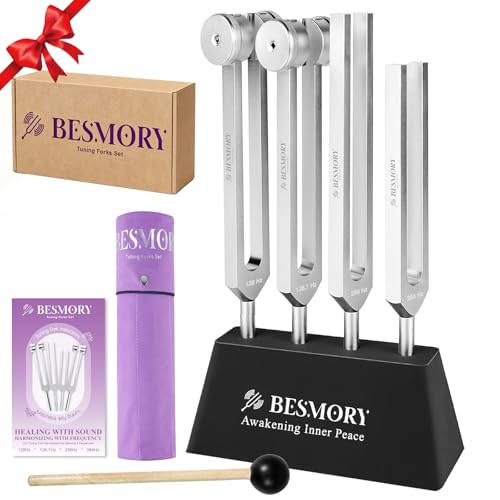 Tuning Forks for Healing (128Hz, 136Hz, 256Hz, 384Hz), Sound Healing Instruments with Mallet and Stand Activator, Tuning Forks for Meditation, Yoga, Chakra Balancing & Deep Relaxation