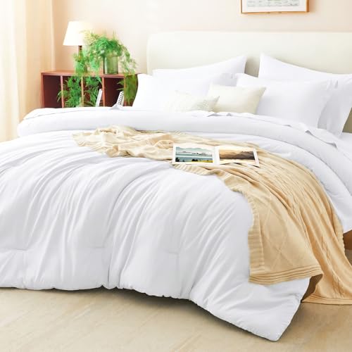 CozyLux King Size Comforter Set White 7 Pieces Bed in a Bag King Comforter Set with Sheets Soft Bedding Set with Down Alternative Comforter Sheets Pillowcases & Shams Soft Bed Set for All Seasons
