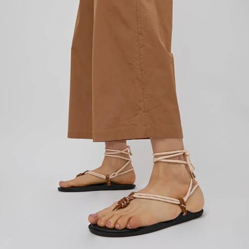 Image of ZJGZF Rope Flip Flop Sandals for Women Thong Sandals Adjustable T Straps Comfortable Soft Flat Sandals