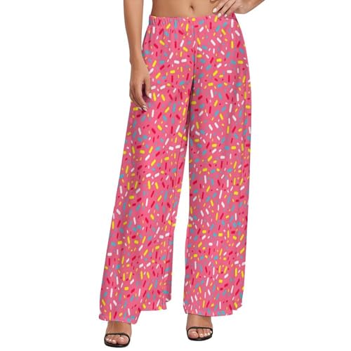 Palazzo Pants for Women, Comfy Womens Wide Leg Baggy Pants, Colorful Sprinkles Donuts Casual Lounge Pants
