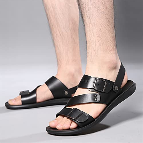 Battle Men Men's Cut Out Sandal Casual Dual Use Beach Slipper Genuine Leather Open Toe Double Monk Strap Buckle Thick Sole Rivet Solid Color anti-slip2