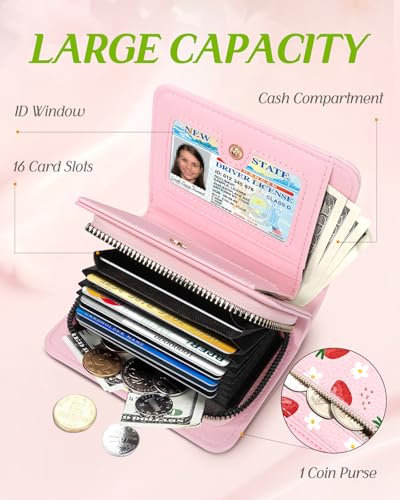Image of Bistup Leather 12 Slot Accordion Card Holder Wallet, Strawberry | Accordion Storage, Zipper Around Closure, Compact Patterned Wallet for IDs, Cards, Cash, Daily Carry and Gifts