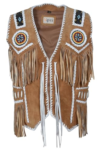 Image of Men's Western Cowhide Suede & Leather Vest - Beaded Fringe Yoke & Back Native-Inspired Cowboy Biker Vest