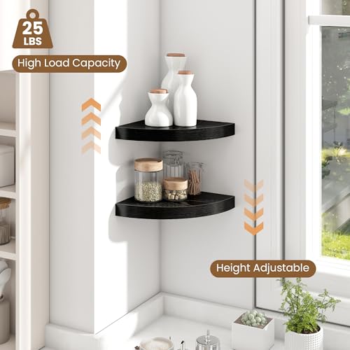 Image of Fun Memories Floating Corner Shelves Set of 2 - Rustic Wood Wall Mounted Storage and Display Shelves for Living Room, Bedroom, Kitchen, Bathroom - Space Saving Home Decor, Black