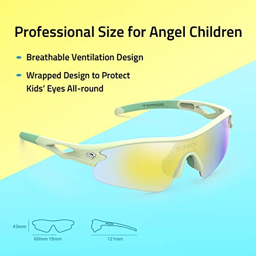 Torege Grilamid Tr90 Flexible Kids Sports Sunglasses Polarized Glasses For Junior Boys Girls Age 3-12 Tr22(White&Light Green&Yellow Lens #TOP4