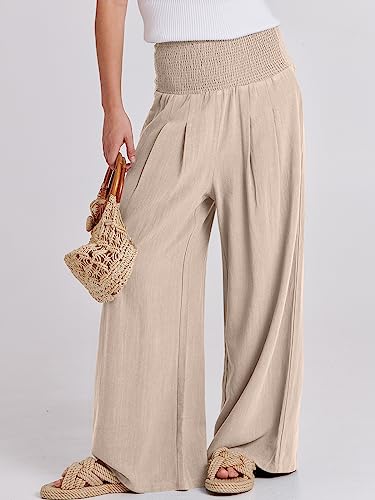 Image of ANRABESS Women Linen Palazzo Pants Summer Boho Wide Leg High Waist Casual Lounge Pant 2026 Beach Travel Vacation Outfits