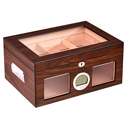 Giantex Desktop Cigar Humidor 50-100 Cigars Walnut Finished Tempered Glasstop Lockable w/Humidifier Hygrometer