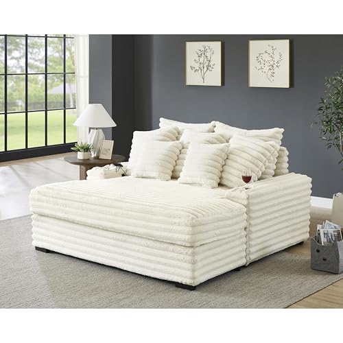 Corduroy Oversized Chaise Lounge Cozy Cloud Couch, Extra Wide Deep Seat Plush Upholstered Sectional Loveseat Sofa Bed Daybed with 7 Throw Pillows, USB Ports and Cupholders for Living Room Office