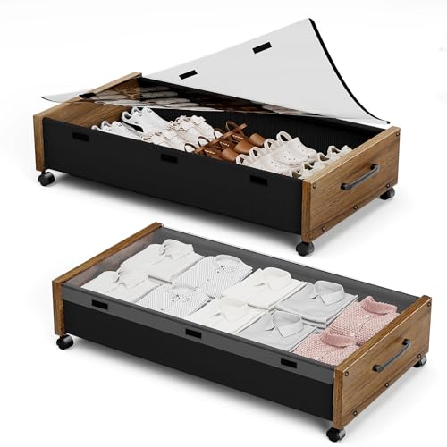 KITHELP Wooden Under Bed Storage with Wheels, Rolling Under the Bed Storage Bins with Removable Lid...