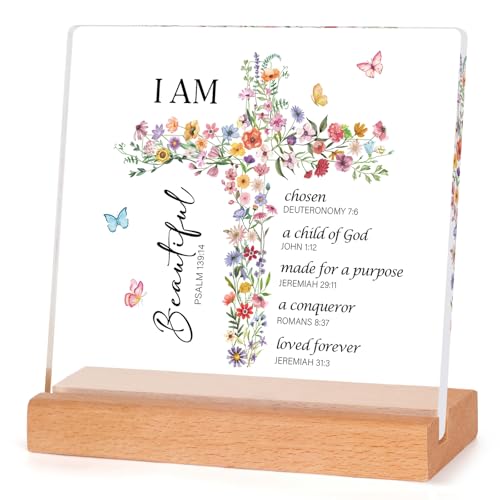 Encoink Baptism Gifts for Girl, Christian Desk Decor with Wooden Base, Birthday Inspirational Religious Christening Easter Christian First Communion Confirmation Gifts for Teen Girls, Goddaughter
