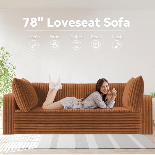 Image of HABUTWAY 78 inch Loveseat Boneless Couch, 4-in-1 Convertible Sofa Bed, Plush Fur Folding Futon Sofa Bed Couches with 2 Pillows for Living Room, High-Density Foam Support, No Assembly Required, Orange