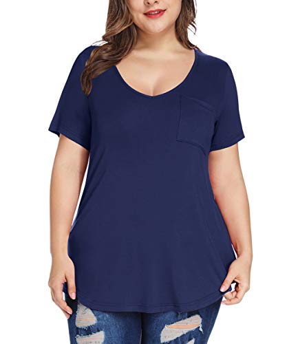 MONNURO Plus Size Tops for Women Casual V Neck Summer Short Sleeve T Shirts with Pocket(Navy Blue,5X)