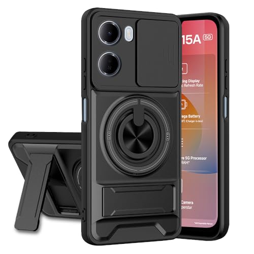 Image of Redmi 15A 5G Back Cover | Armor Camera Slider 360 Degree Rotating Finger Ring Holder Case with Bracket Stand Back Case Cover (Compatible with MagSafe Accessories) (Black)
