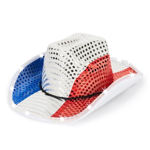 Mawjom Sparkly US-Flag Western Cowboy Hat - 4th of July Red White Blue Sequin Cowgirl Hat for Independence Day Party