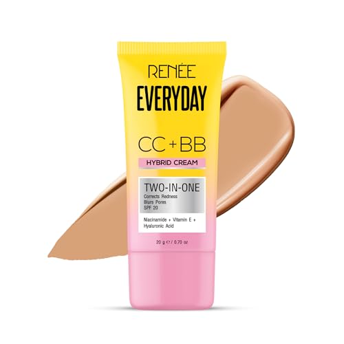 RENEE Everyday CC + BB Hybrid Cream With SPF 20 – Almond Crème| Corrects Redness, Blurs Pores, Refines Skin Tone, Hydrates Skin | With Niacinamide | Lightweight, Buildable Coverage | 20 g