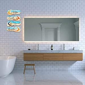 Kathfly 4 Pieces Beach Bathroom Decor Wooden Flip Flop Coastal Wall Hanging Decor Sign Summer Relax Soak Unwind Breathe Beach Wall Art Summer Rustic Beach Plaque for Living Room Laundry Spa Room