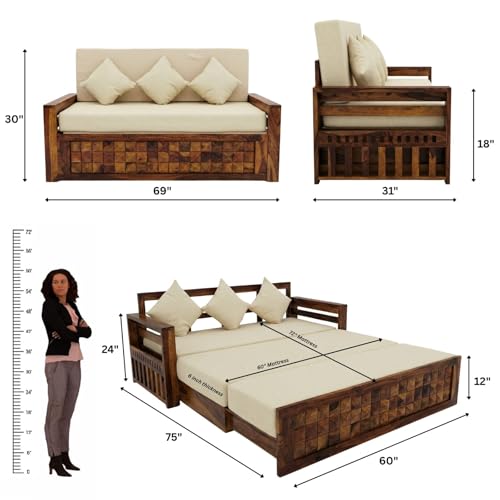 Image of SONA ART & CRAFTS Diamond Sheesham Wood Sofa Cum Bed 3 Seater with Storage and Side Pockets for Living Room Organizer Furniture Sofa Bed Home, Bedroom (Natural Finish)