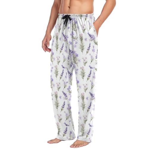 Men’s Lavender Flowers Pajama Pants with Pockets, Comfortable Lounge Sleep Bottoms#1754