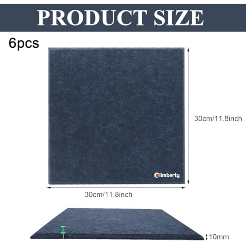 Image of Climberty 6-Piece Felt Board Bulletin Board 30x30cm Self-Adhesive Wall Panels with 50 Pushpins, Felt Message Board for Notes, Photos and Schedules Compatible with Home Office Decor (Blue)