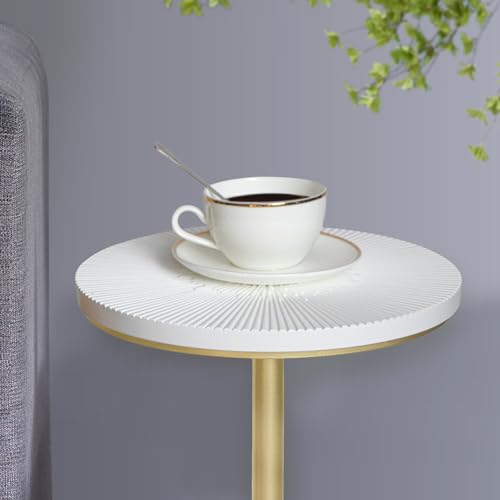 COVLON Drink Table, Carved Table Top Martini Table, Small Side Table, Weighted Base Pedestal Table for Living Room, Bedroom, Modern, White and Gold