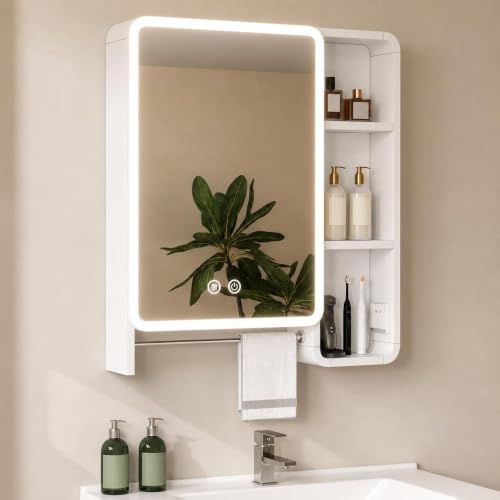 Joymorzy Armoire de Salle de bain murale Haute avec miroir Rond, Corps en Aluminium Spatial, Rangement Multi-niveaux, éclairage, Anti-buée électrique, commande Tactile, Prise et Tringle