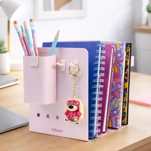 Image of Adjustable Bookend Organizer with Pen Holder | Expandable Desk Bookshelf for Office, Study, and Home | Book Rack Stand for Books, Files & Stationery (Extends Up to 17 Inches) - Pink