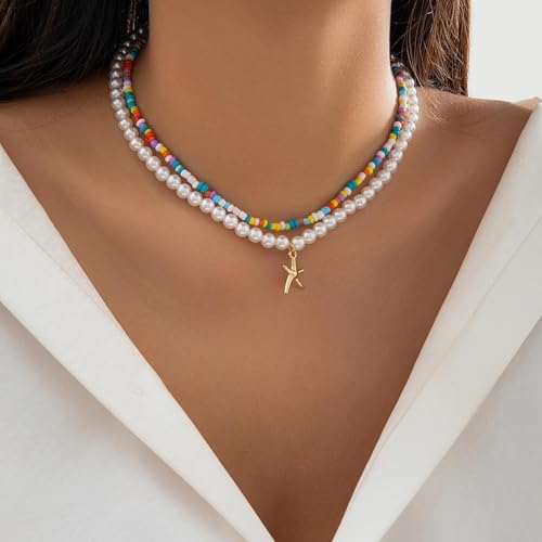 Collar de estrella de mar retro para looks de playa y festivales de verano juego de 2 2