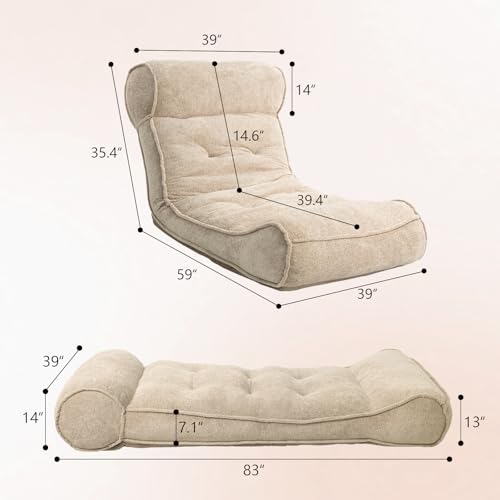 Dineli 83'' Floor Chair with Back Support Meditation Chair Couch Recliner w Adjustable Backrest Lazy Floor Lounger Gaming Chair for Adults Sofa Bed Sleeper Chair Chaise Lounge Chair Indoor, Camel