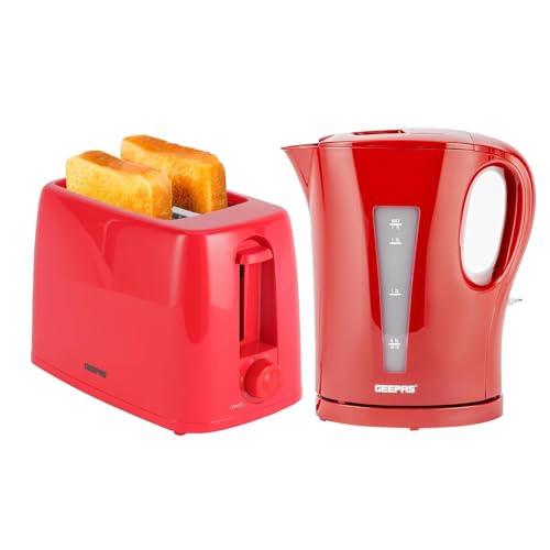 Geepas Electric Kettle & 2 Slice Bread Toaster Kitchen Combo Set | 2200W 1.7L Cordless Jug Kettle Boil Dry Protection & Auto Shut Off | 650W 6 Level with Browning Control & Crumb Tray | Red